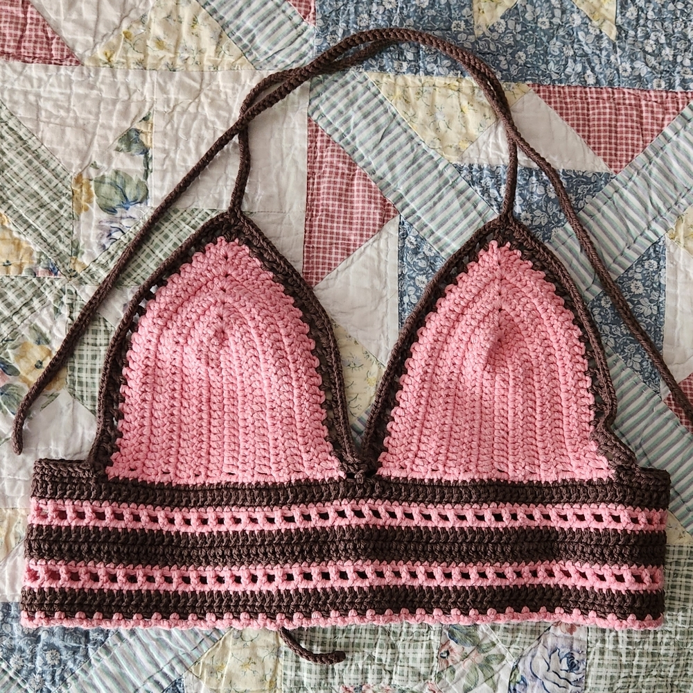 1-of-a-kind Brown and Pink Crochet Halter Top!